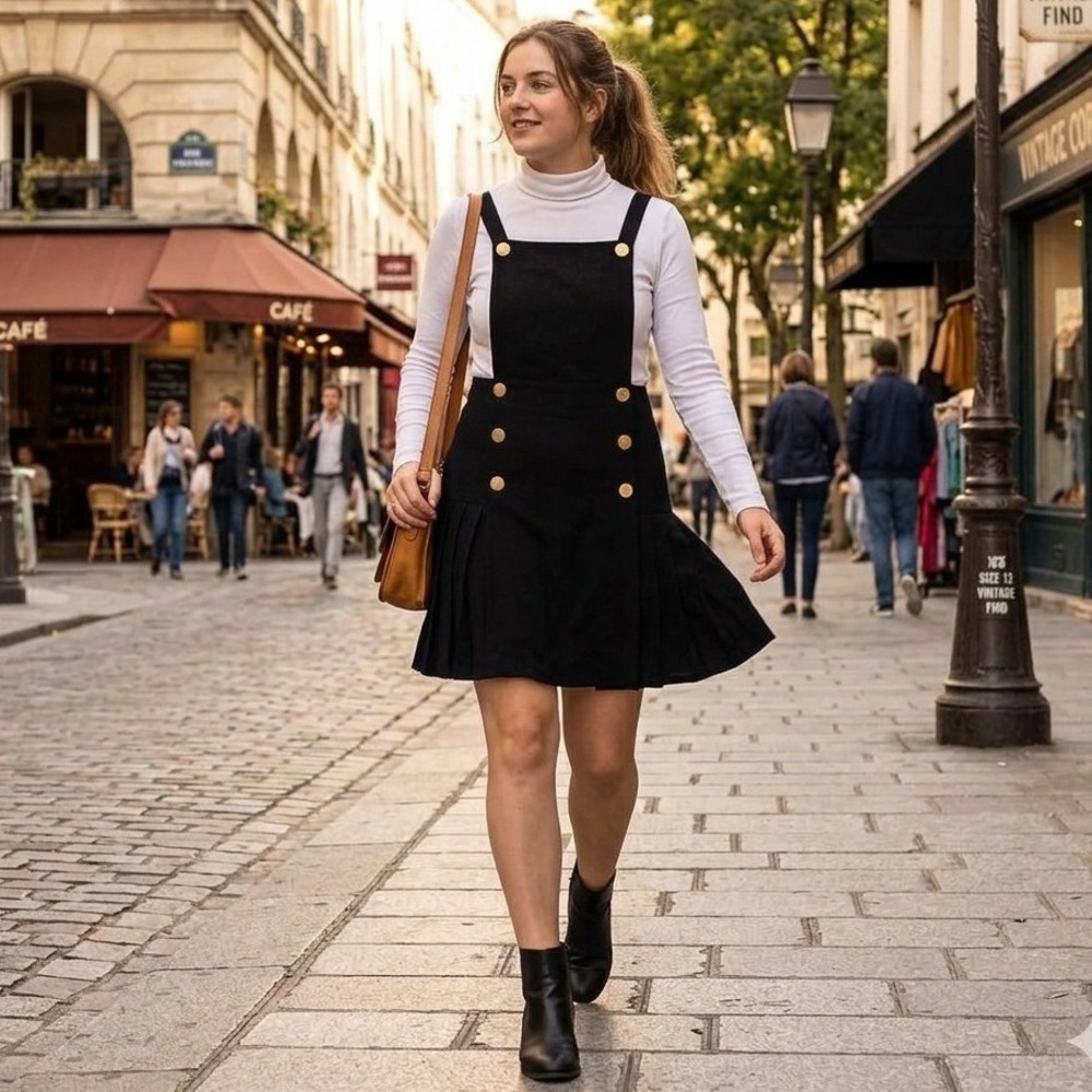 Gantos Womens Vintage Pleated Gold Button Pinafore Jumper Dress Size 12 Black